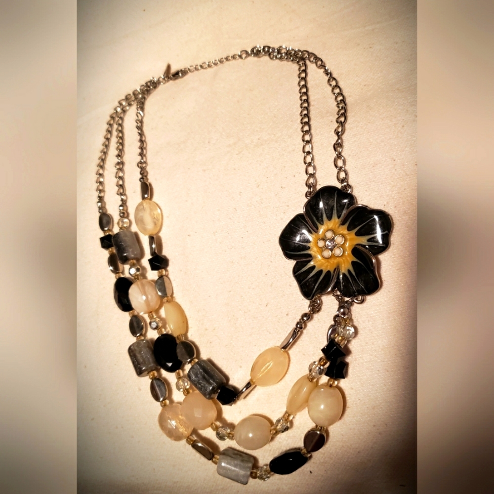 Womens Statement Beaded Necklace Marked NY Black Gray Cream Flower.
